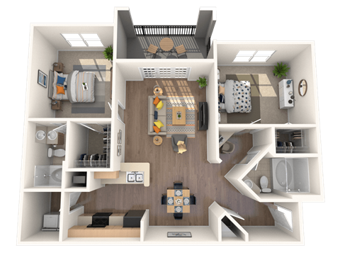 A 3D floor plan of a house with a living room, kitchen, and two bedrooms.